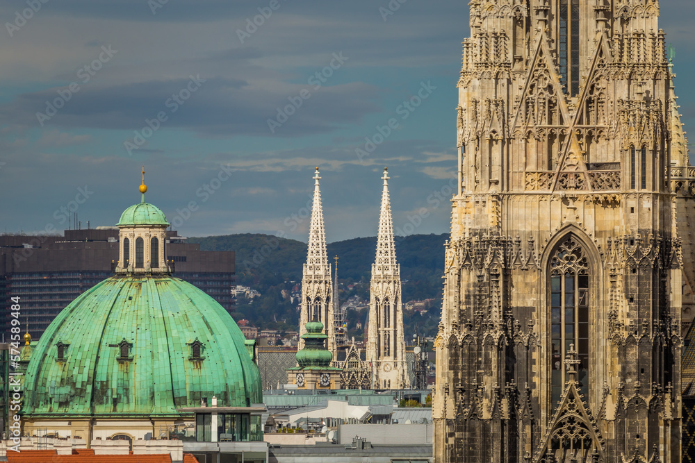 Panoramic view of Vienna cityscape with Cathedrals and domes from above, Austria