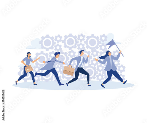 Organization efficiency  business people running on rotating cogwheel or gear to drive business. modern flat vector illustration