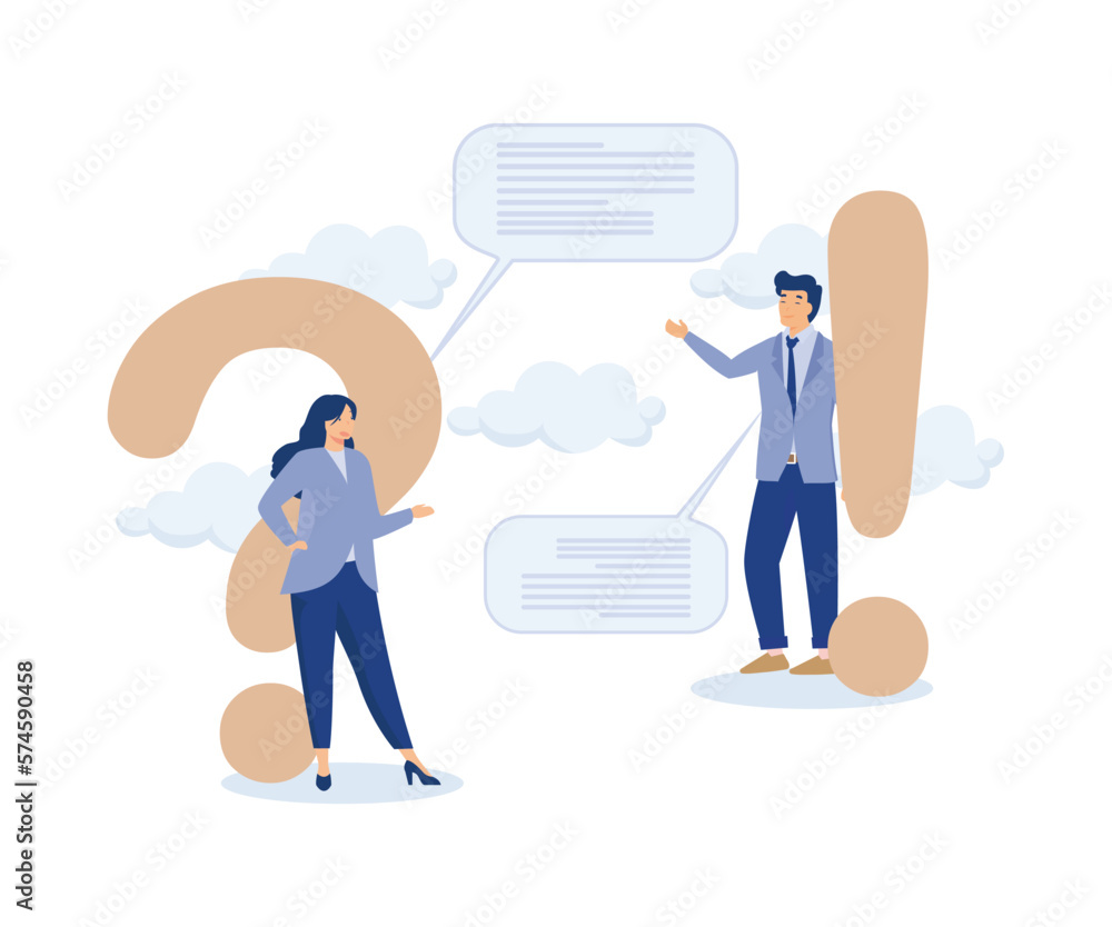 Question and answer, brainstorm conversation or quiz concept, businessman and woman ask and answer questions, modern flat vector illustration Question and answer, brainstorm conversation or quiz concept, businessman and woman ask and answer questions, modern flat vector illustration