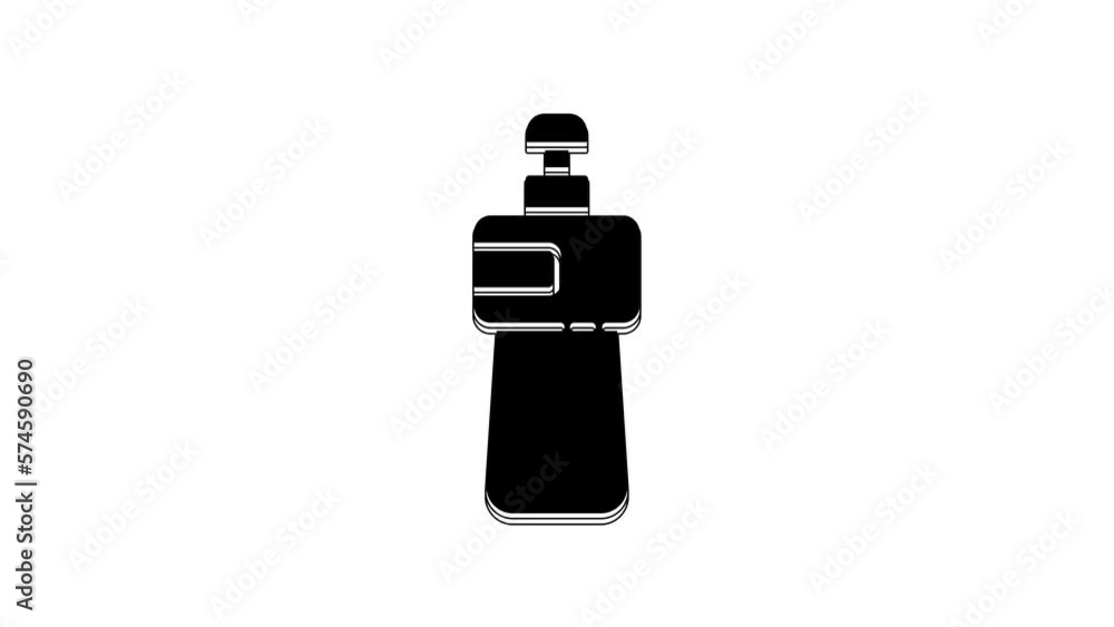 Black Dishwashing liquid bottle icon isolated on white background. Liquid detergent for washing dishes. 4K Video motion graphic animation Black Dishwashing liquid bottle icon isolated on white background. Liquid detergent for washing dishes. 4K Video motion graphic animation