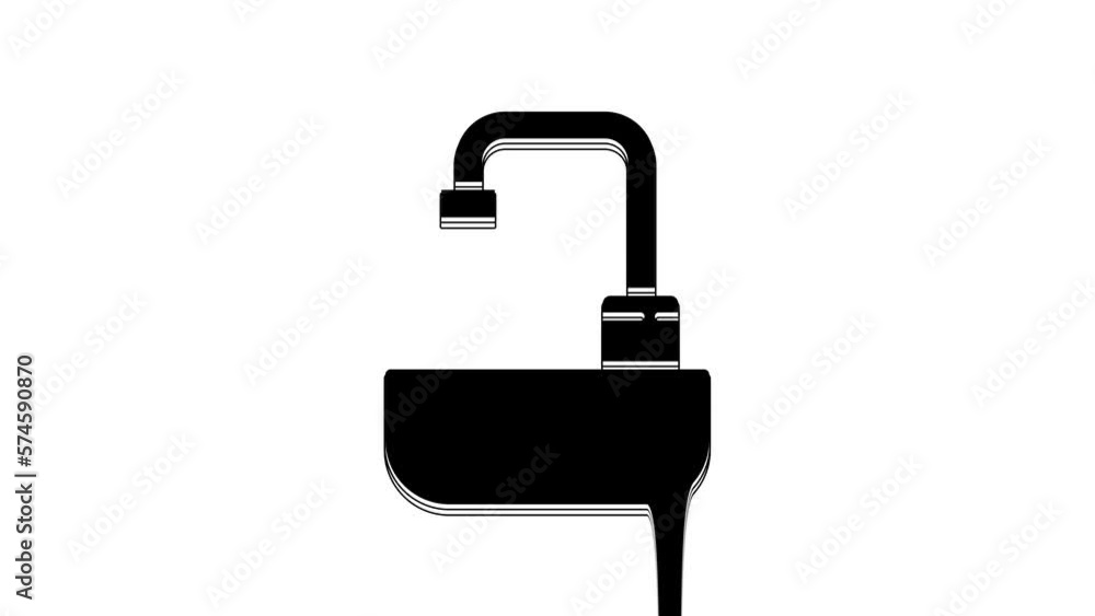 Black Washbasin with water tap icon isolated on white background. 4K Video motion graphic animation Black Washbasin with water tap icon isolated on white background. 4K Video motion graphic animation
