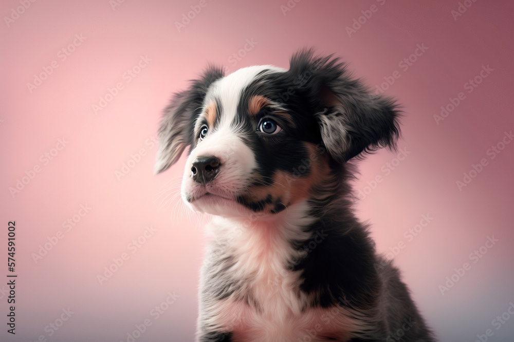 Cute puppy looking at the camera on pastel colorful background. Adorable pet. Generative AI Cute puppy looking at the camera on pastel colorful background. Adorable pet. Generative AI