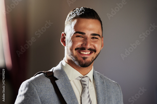 Canvas Print Portrait, business man smile and lawyer face of a legal associate in office ready for corporate law