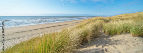 Panoramic landscape background banner panorama of sand dune, beach and ocean North Sea with blue sky.