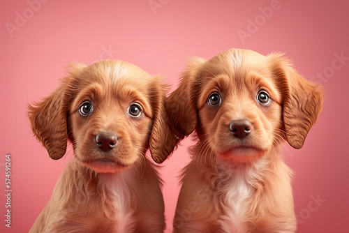Cute puppies looking at the camera on pastel colorful background. Adorable puppy. Generative AI