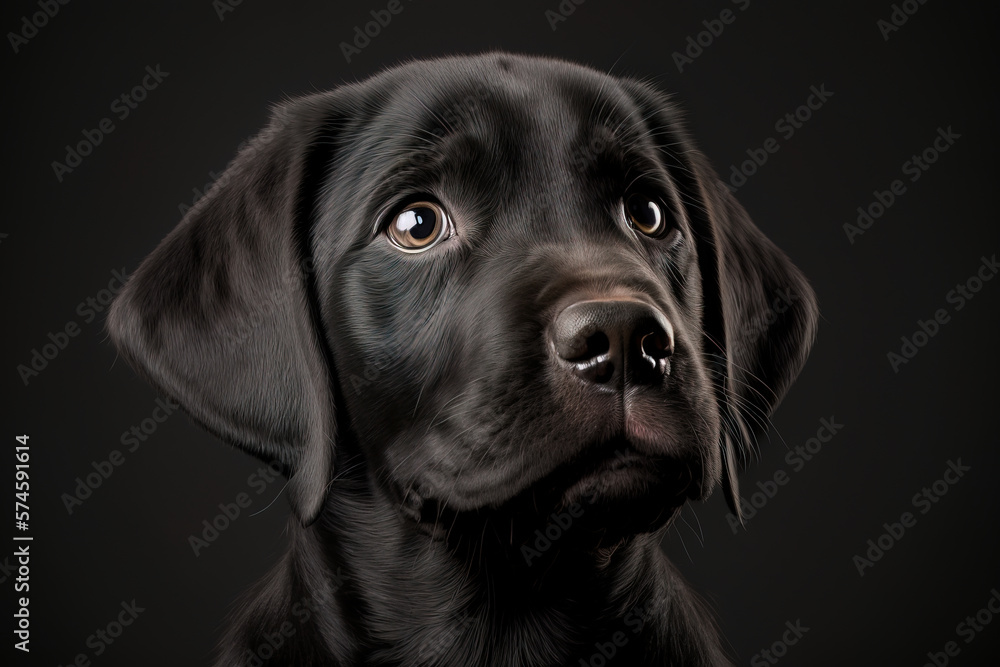 Cute puppy looking at the camera on pastel colorful background. Adorable pet. Generative AI
