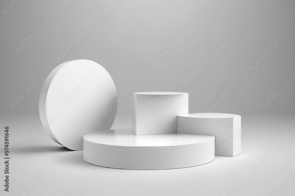Abstract white 3D room with realistic white cylinder pedestal podium set. Minimal scene for product display presentation. Generative Ai