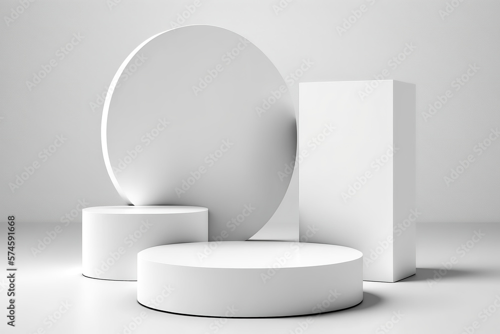 Abstract white 3D room with realistic white cylinder pedestal podium set. Minimal scene for product display presentation. Generative Ai Abstract white 3D room with realistic white cylinder pedestal podium set. Minimal scene for product display presentation. Generative Ai