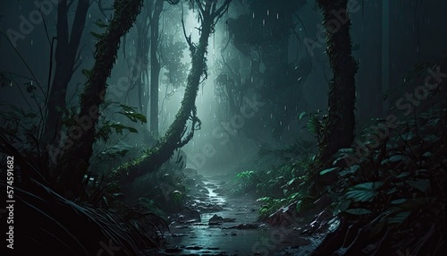 Fotografia, Obraz Dense Raining Forest Landscape Wallpaper Generated AI HD 4K