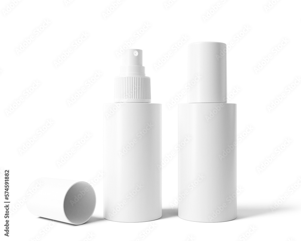 Blank Plastic Cosmetic Spray Bottle packaging isolated on transparent background, prepared for mockup, 3D render. Blank Plastic Cosmetic Spray Bottle packaging isolated on transparent background, prepared for mockup, 3D render.