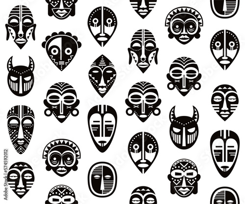 African tribal vector mask vector seamless pattern, ritual ethnic masks repetitive design
