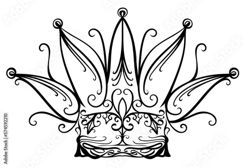 Narrenkappe Karneval Fasching Krone. Schwarze Königskrone mit filigranen Ornamenten und floralen Verzierungen Vektorillustration.