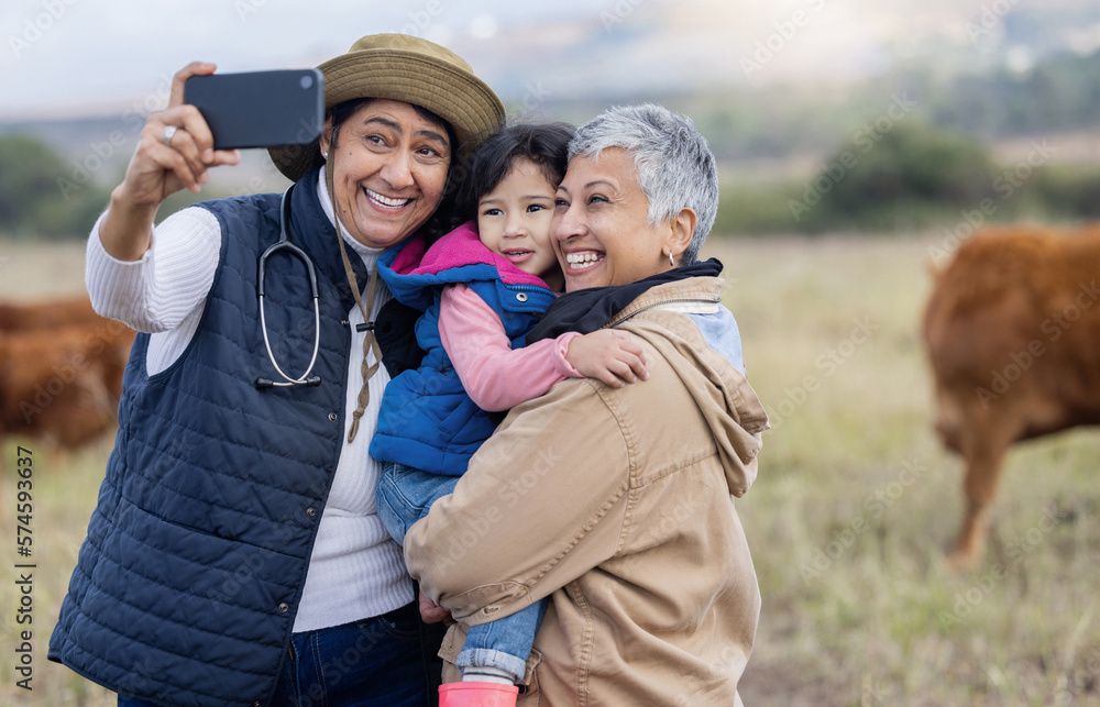 Farm, selfie and grandparents with girl in countryside for holiday, vacation and adventure on grass field. Smile, family and happy child with grandma for quality time on ranch, nature and farming Farm, selfie and grandparents with girl in countryside for holiday, vacation and adventure on grass field. Smile, family and happy child with grandma for quality time on ranch, nature and farming