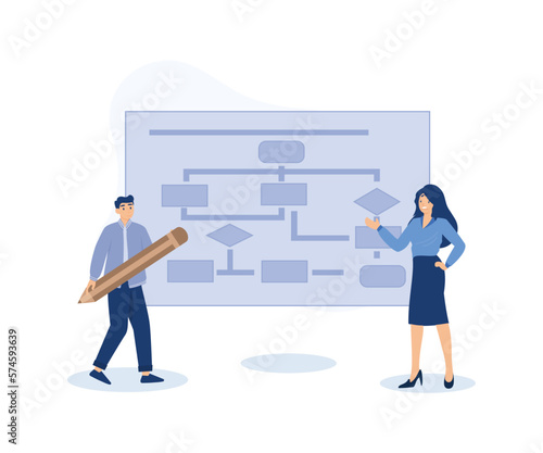 Business process, strategy to implement concept, business people drawing workflow process. modern flat vector illustration