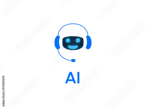 AI Chat Bot icon transparent png asset. Cute robot with microphone and headset. Artificial intelligence personal assistant floating cartoon illustration with transparent background. White blue robot
