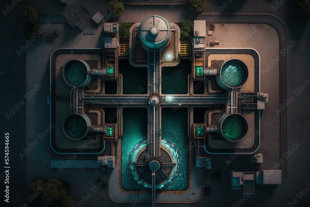 A top-down view of a water treatment plant, showcasing the importance of clean water and sanitation