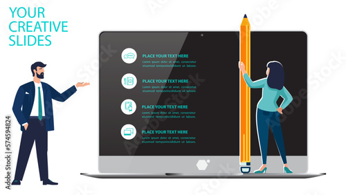 Businessman and a woman with a pencil on a laptop monitor are planning the development of technology. Infographic, headline banner. Starting work Business presentation, business people. Employee