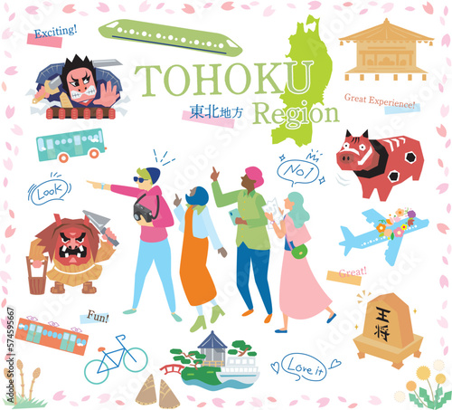 日本の東北地方の春の名所観光を楽しむ観光客、アイコンのセット（フラット）