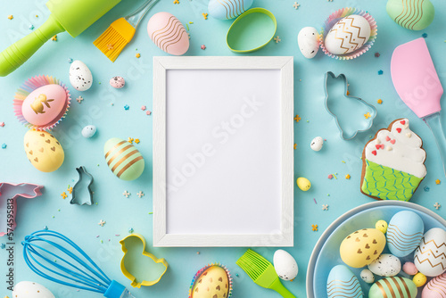 Easter concept. Top view photo of photo frame plate with colorful eggs kitchen utensils baking molds cupcake shaped gingerbread and sprinkles on isolated pastel blue background with empty space
