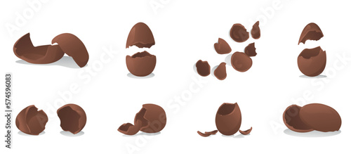 Set of broken chocolate Easter eggs on white background