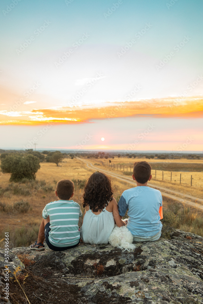 Three friends looking the sunset in a summer day
