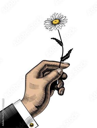 A man gives a flower. The hand giving the daisy flower. Vintage engraving stylized drawing. Vector illustration.