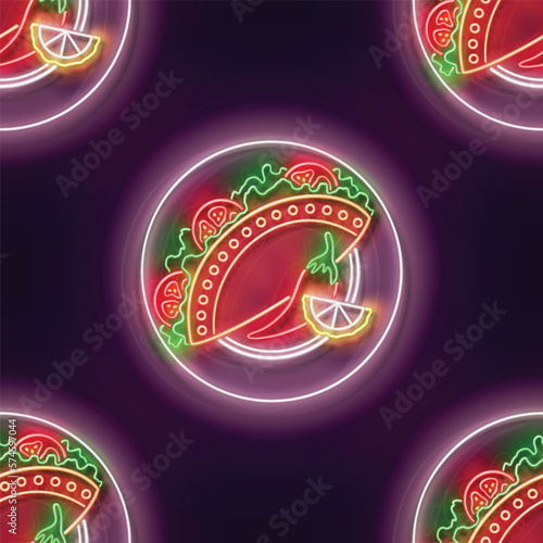 Seamless pattern with glow Mexican spicy tacos with tomatos on the plate. Traditional ethnic food, appetizer. Neon Light Texture, Signboard. Glossy Background. Vector 3d Illustration