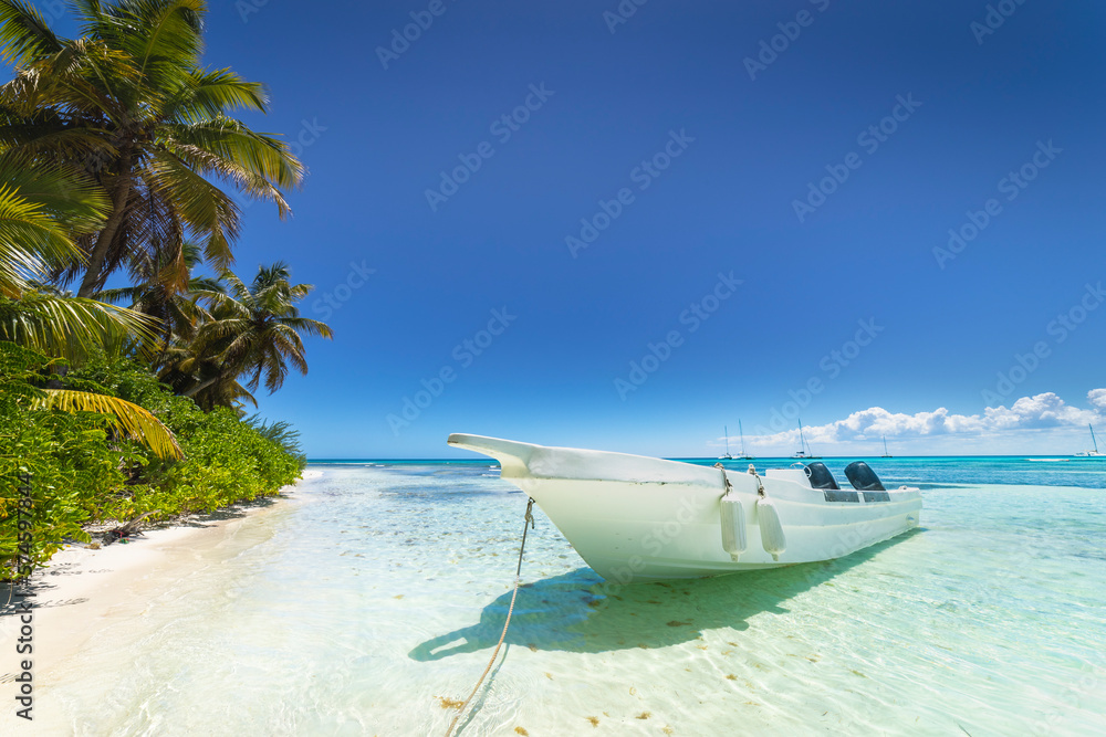 Boat and tropical beach in caribbean sea, Saona island, Dominican Republic