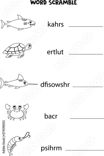 Puzzle for kids. Word scramble for children. Black and white sea animals.