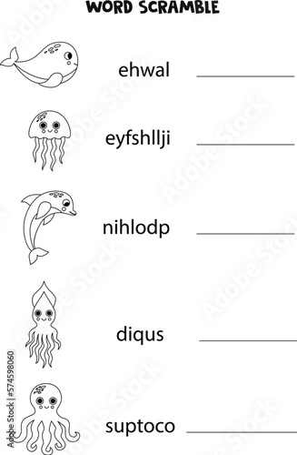 Puzzle for kids. Word scramble for children. Black and white sea animals.