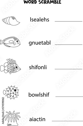 Puzzle for kids. Word scramble for children. Black and white sea animals.
