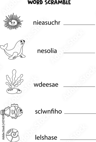 Puzzle for kids. Word scramble for children. Black and white sea animals.