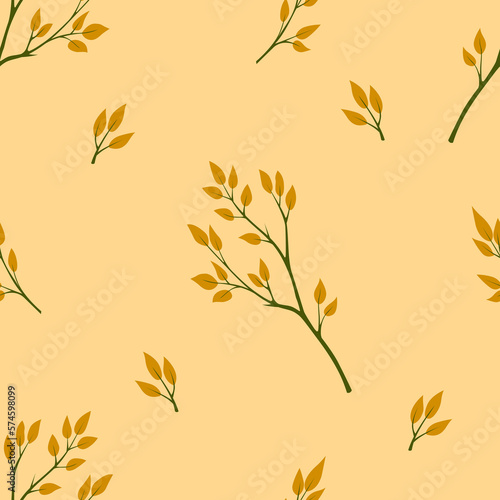 Seamless pattern of branches with orange leaves on a yellow background. Vector simple ornament.