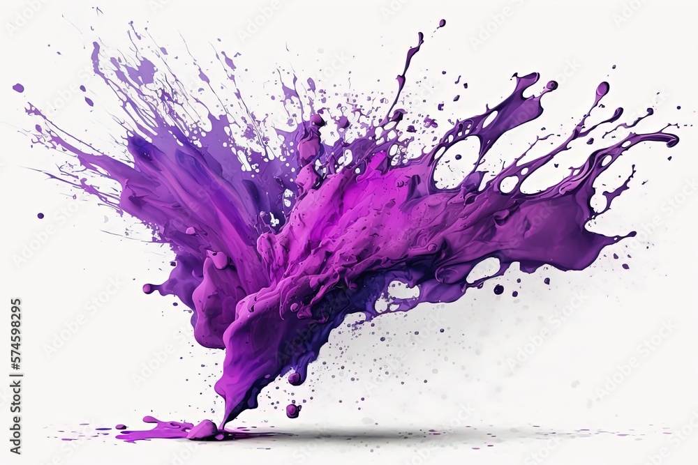 Splash of purple paint. Splashes, emotions, design, graphics, high  resolution, 8k, white background, canvas, flat, dripping, liquid,  explosion, spray, particles, ink. Concept design. AI Stock Illustration