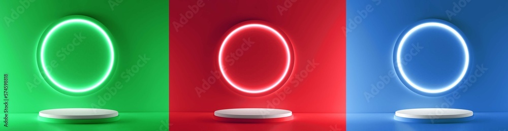 Set of blue, green and red realistic 3d cylinder pedestal podium with circle neon lamp background. Abstract 3d rendering geometric forms. Minimal scene. Stage showcase, Mockup product display.
