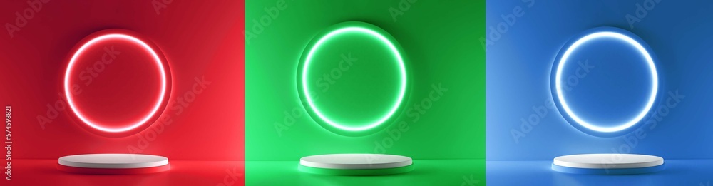 Set of blue, green and red realistic 3d cylinder pedestal podium with circle neon lamp background. Abstract 3d rendering geometric forms. Minimal scene. Stage showcase, Mockup product display.
Set of blue, green and red realistic 3d cylinder pedestal podium with circle neon lamp background. Abstract 3d rendering geometric forms. Minimal scene. Stage showcase, Mockup product display.