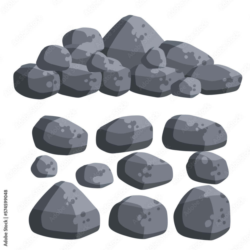 Stack of flat stone rock set. Different grey boulders. Pile of broken debris Stack of flat stone rock set. Different grey boulders. Pile of broken debris