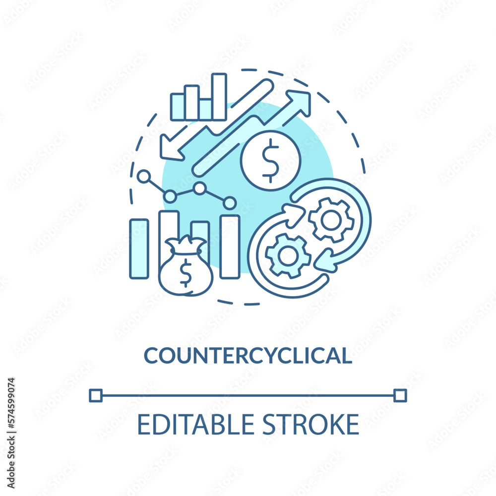 Countercyclical turquoise concept icon. Attribute of economic indicators abstract idea thin line illustration. Isolated outline drawing. Editable stroke. Arial, Myriad Pro-Bold fonts used