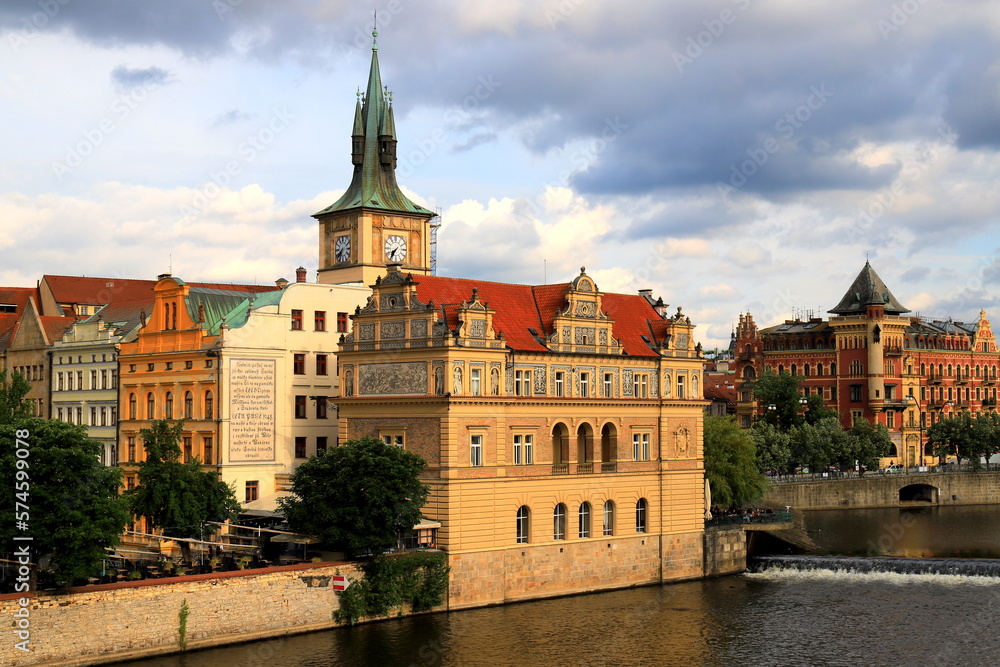 View from Charles Bridge to Museum of Smetana in Old Town Prague on Vltava River. The museum is dedicated to Czech composer Smetana.