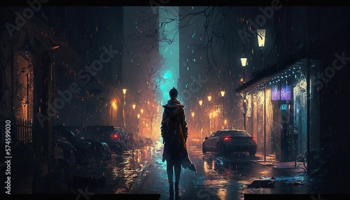 Persona che cammina nella strada illuminata nel buio della notte photo