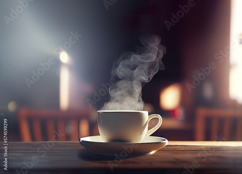 Coffee cup with hot smoke on table