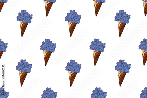 Seamless pattern with hydrangea flowers in waffle cone on white backdrop. Endless background with ice cream with a bouquet of hydrangeas. photo