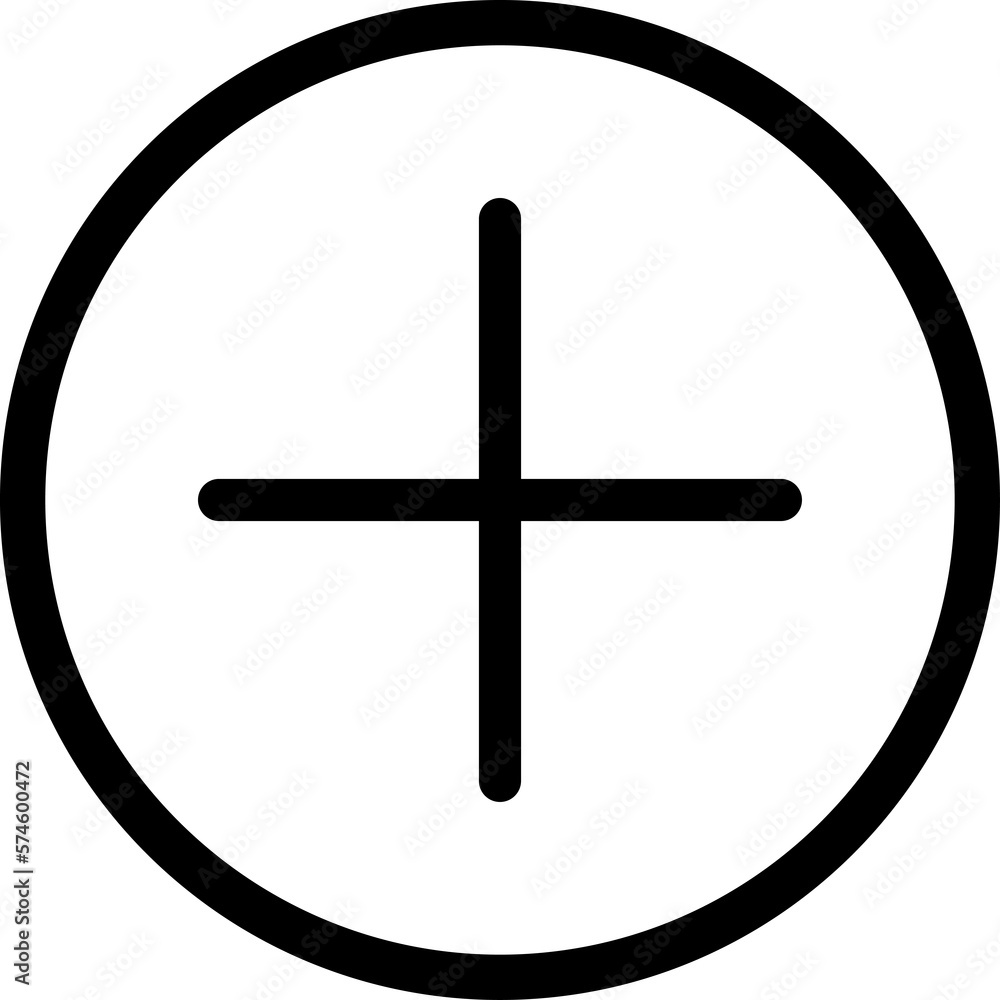 There is a plus sign in the center of the black circle. There is a plus sign in the center of the black circle.