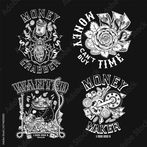 Set of monochrome money vintage labels with text. Fantasy  creative  meaningful  surreal  fancy concept of illustrations Black background For prints  clothing  apparel  tattoo  t shirt  surface design