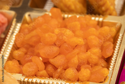 Besan Boondi Also Called Buniya, Boondia, Boondiya, Bunia Are Famous Traditional Mithai Offered to Hindu God As Prasadam Or Served On Festivals Like Diwali, Holi Navaratra, Hanuman Jayanti, Ram Navami