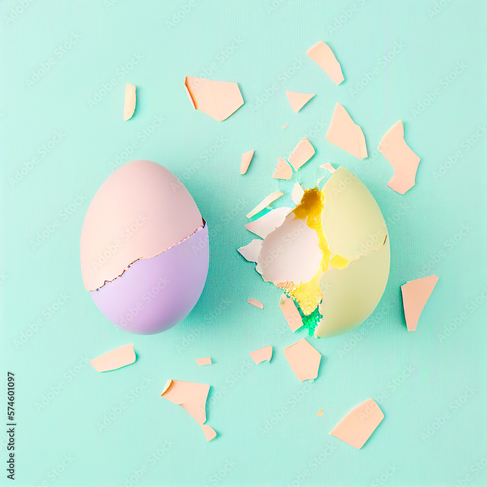 Creative Spring Easter concept, painted decorated pastel eggs. Flat lay with copy space. Festive colors and family atmosphere. Illustration, Generative AI. Creative Spring Easter concept, painted decorated pastel eggs. Flat lay with copy space. Festive colors and family atmosphere. Illustration, Generative AI.