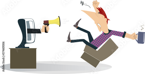 Megaphone. Man watching TV. 
Hand with megaphone rising from TV. Frightened man falling from the armchair
