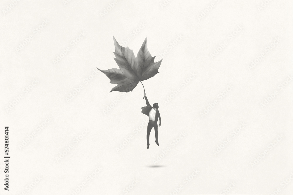 Illustration of man suspended on air with a big leaf, surreal abstract concept - obrazy, fototapety, plakaty 