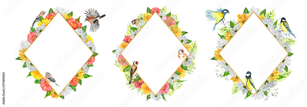 Three hand-drawn watercolor compositions. Rhomb frames with chrysanthemum and zinnia flowers and birds. An illustration for printing design, textile, scrapbooking. Isolated on white.	