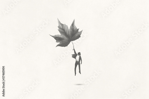 Illustration of man suspended on air with a big leaf, surreal abstract concept